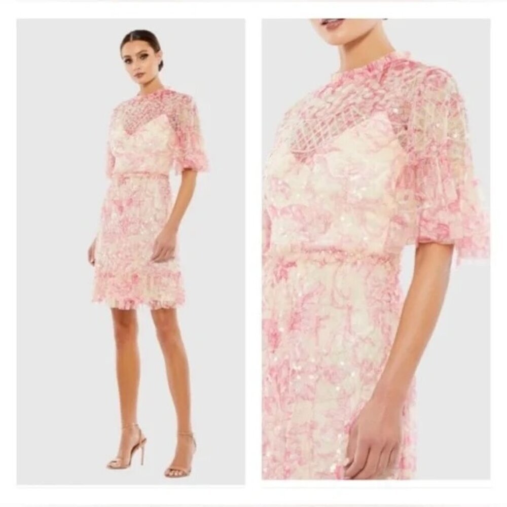 MAC DUGGAL 9148 Mini Dress Cocktail Flounce Sleeve Floral Embellished Size 4 NWT